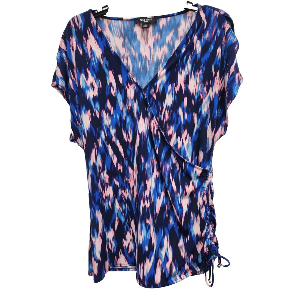 Nine West Womens Top Medium Blue Pink Ruched Surplice Cold Shoulder Wearable Art